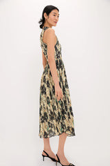 Afterglow Printed Pleats Smock Midi Straps Dress