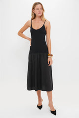 Black Mixed Media Drop Waist Ayden Midi Dress