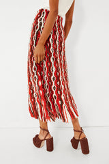 Red Drew Macrame Knit Skirt with Fringe