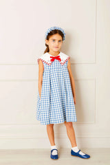 Embroidered Gingham Sleeveless Dress in Blue