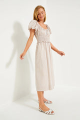 Tan Stripe Puff Sleeve Flynn Dress