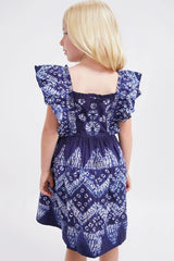Navy Yana Tie Dye Flutter Sleeve Dress