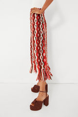 Red Drew Macrame Knit Skirt with Fringe