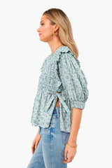 Apple Green Ida Print Puff Sleeve Smocked Top