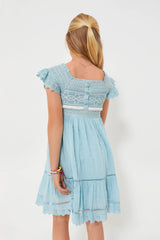 Blue Olga Hand Smocking Short Sleeve Smocked Dress