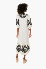Cream Manuela Embroidered Puff Sleeve V-Neck Dress