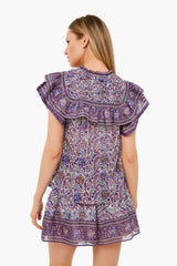 Purple Rosita Border Print Flutter Sleeve Top