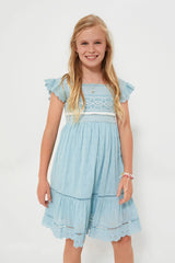 Blue Olga Hand Smocking Short Sleeve Smocked Dress