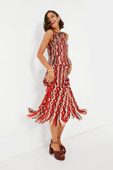 Red Drew Macrame Knit Skirt with Fringe