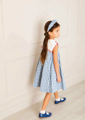 Embroidered Gingham Sleeveless Dress in Blue