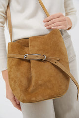 Beige Cow Suede Belted Bucket Bag