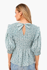 Apple Green Ida Print Puff Sleeve Smocked Top