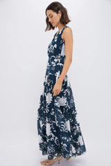 Blue Flower Screen Antheia Midi Dress