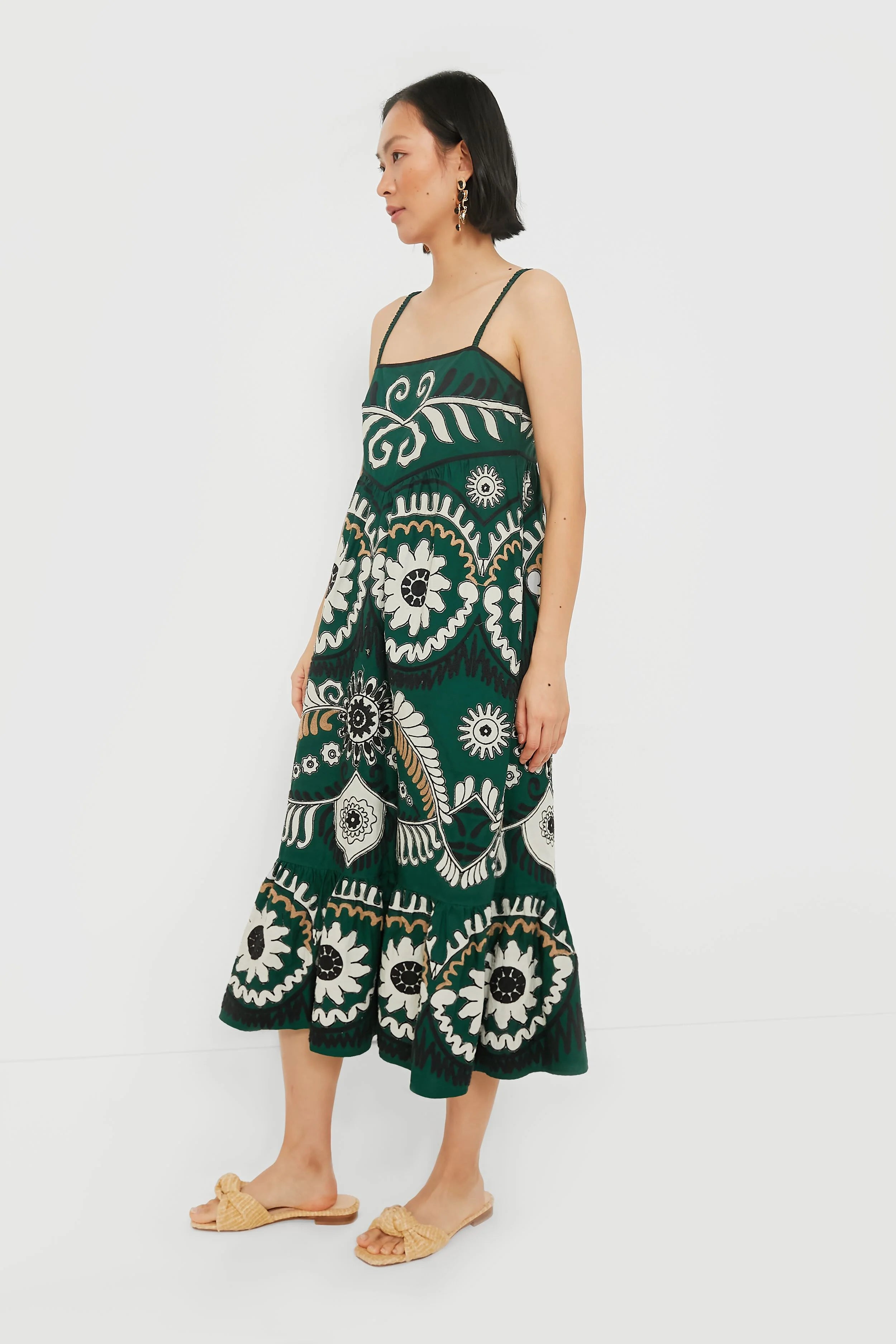 Green Charlough Print Sleeveless Embroidered Dress
