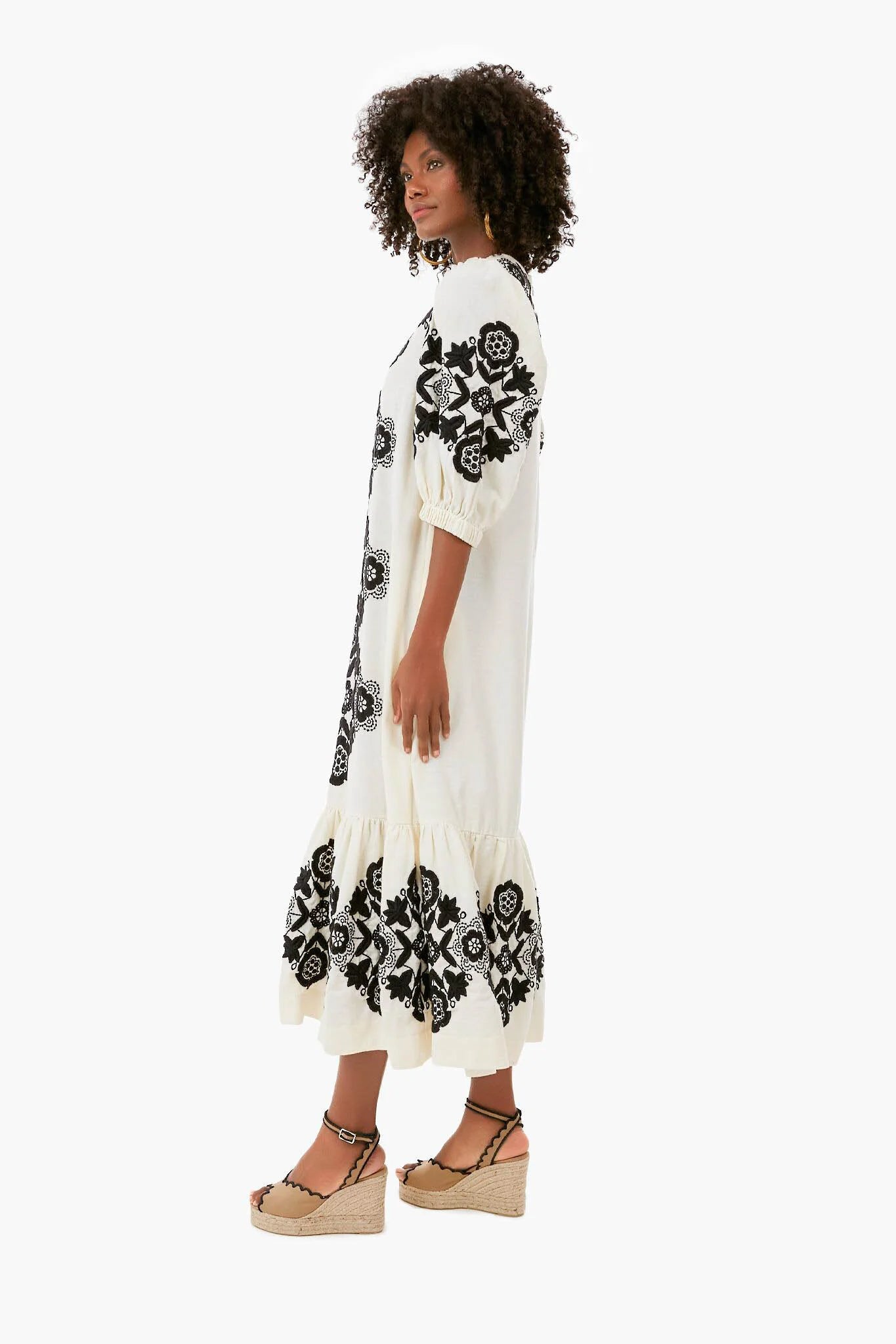 Cream Manuela Embroidered Puff Sleeve V-Neck Dress