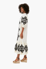 Cream Manuela Embroidered Puff Sleeve V-Neck Dress