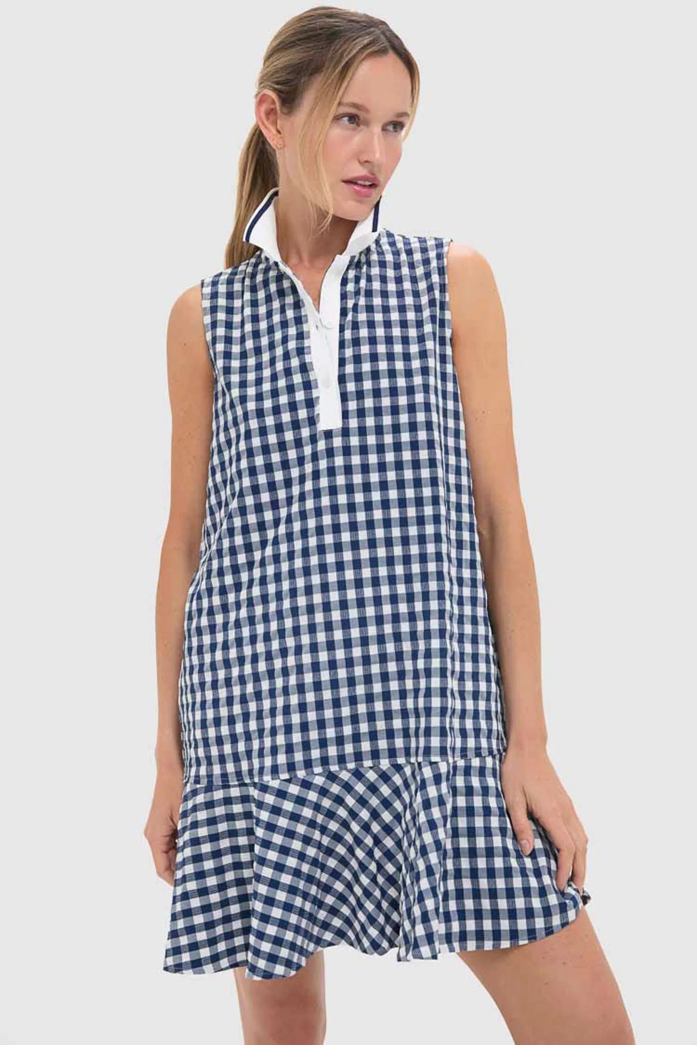 Navy Gingham Sleeveless Performance Seersucker May Golf Dress