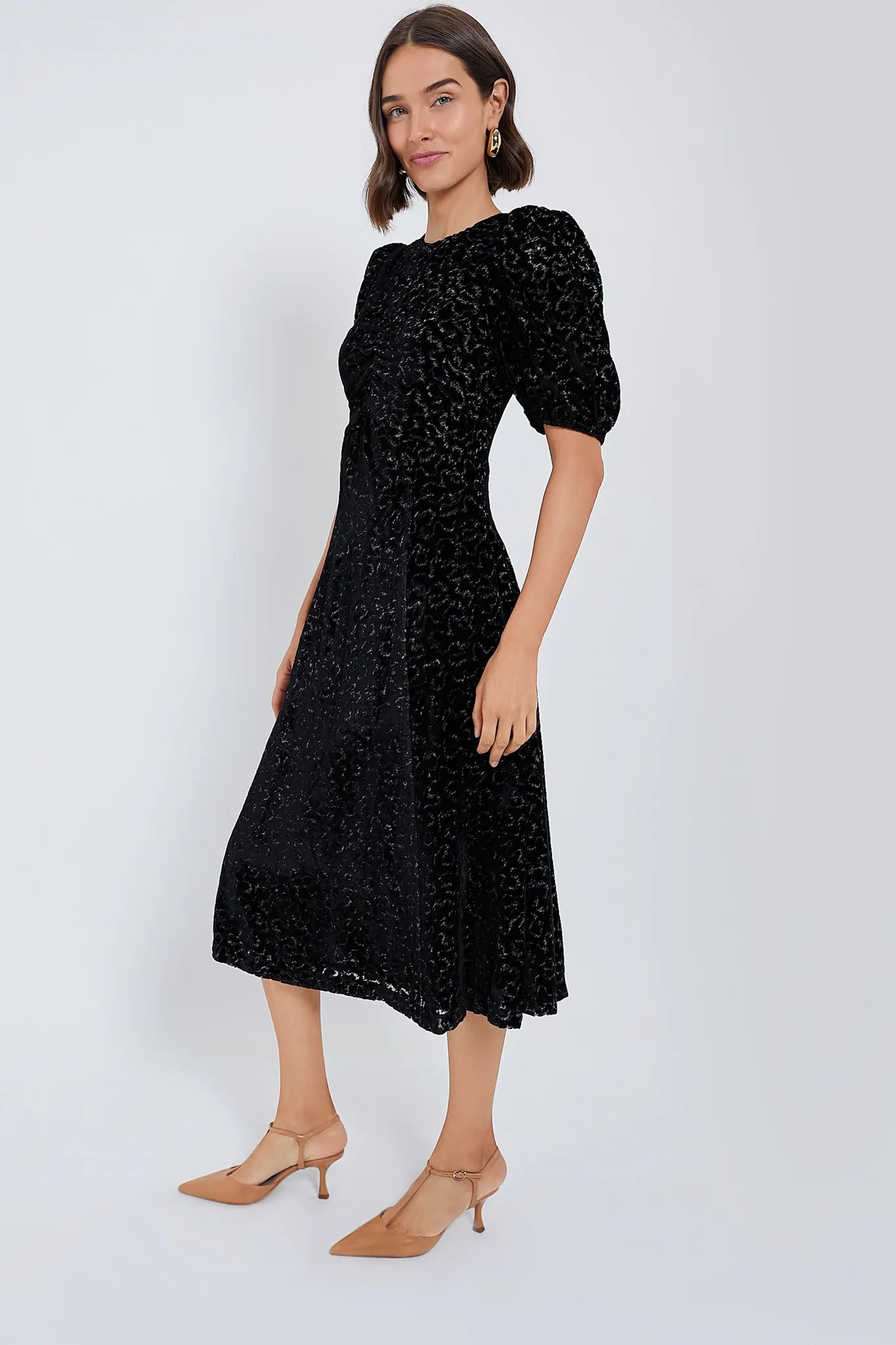 Black Sophia Burnout Velvet Puff Sleeve Dress