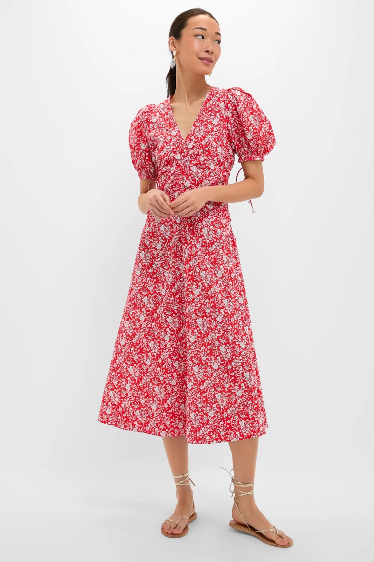 Red Lucille Liberty Print Short Sleeve Midi Dress