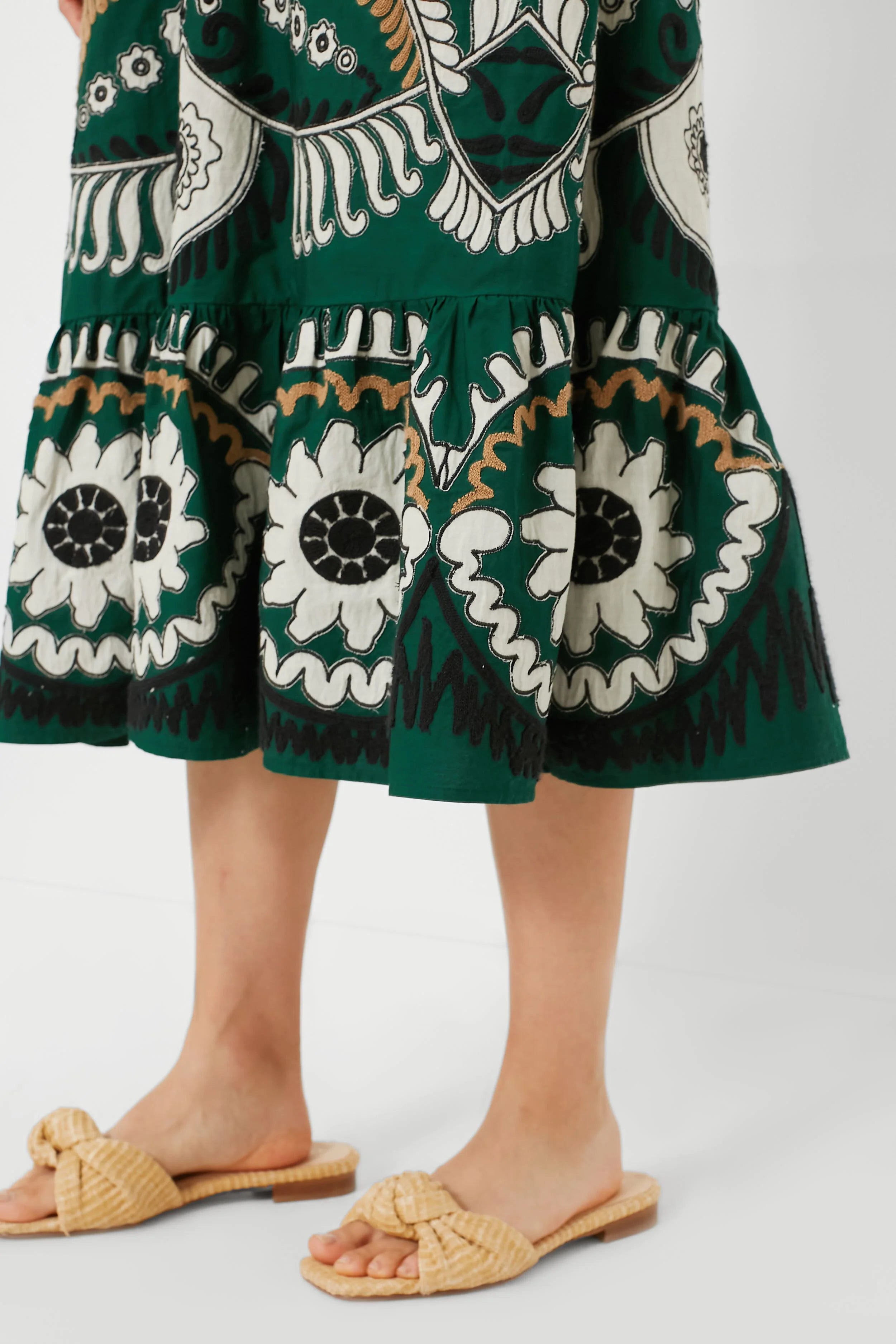 Green Charlough Print Sleeveless Embroidered Dress