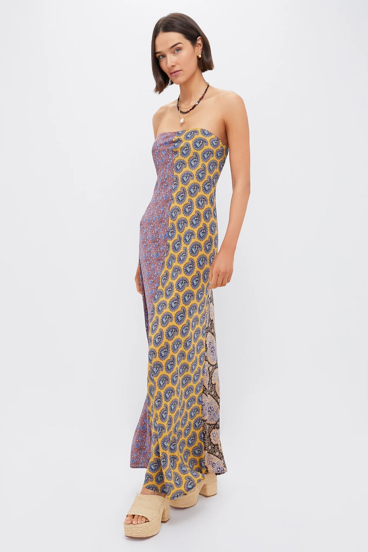Earthy Patchwork Pietro Silk Maxi Dress