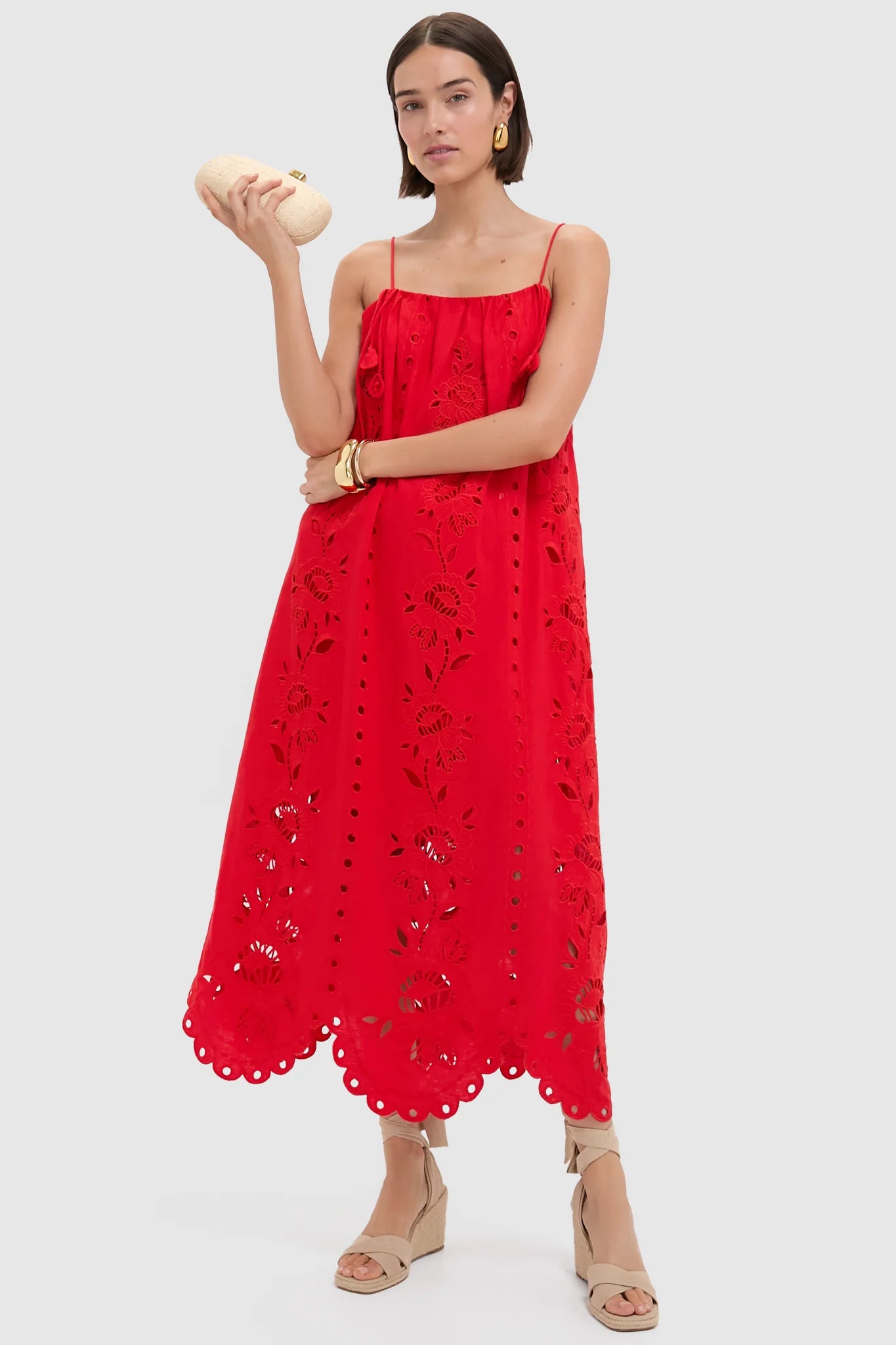 Red Flowers Richilieu Sleeveless Maxi Dress