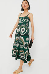 Green Charlough Print Sleeveless Embroidered Dress