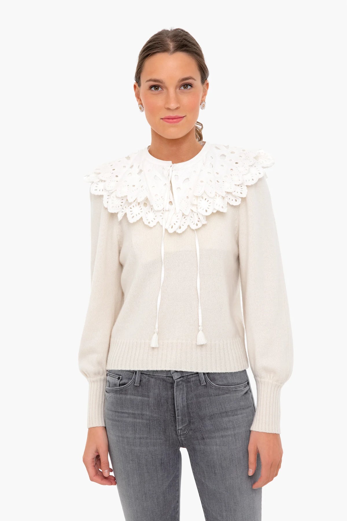 White Hazel Eyelet Long Sleeve Sweater