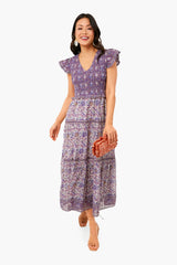 Exclusive Purple Rosita Border Smocked Midi Dress