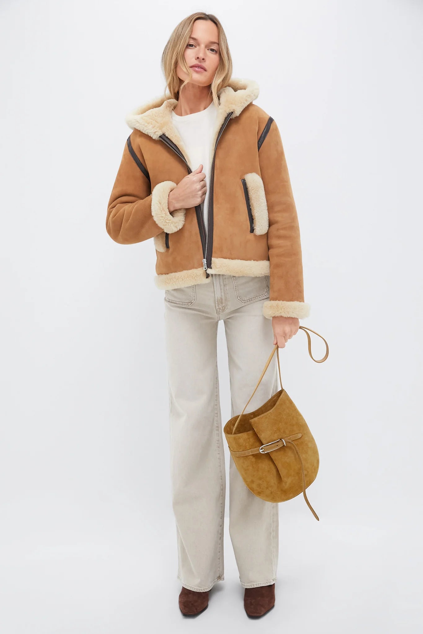 Beige Cow Suede Belted Bucket Bag