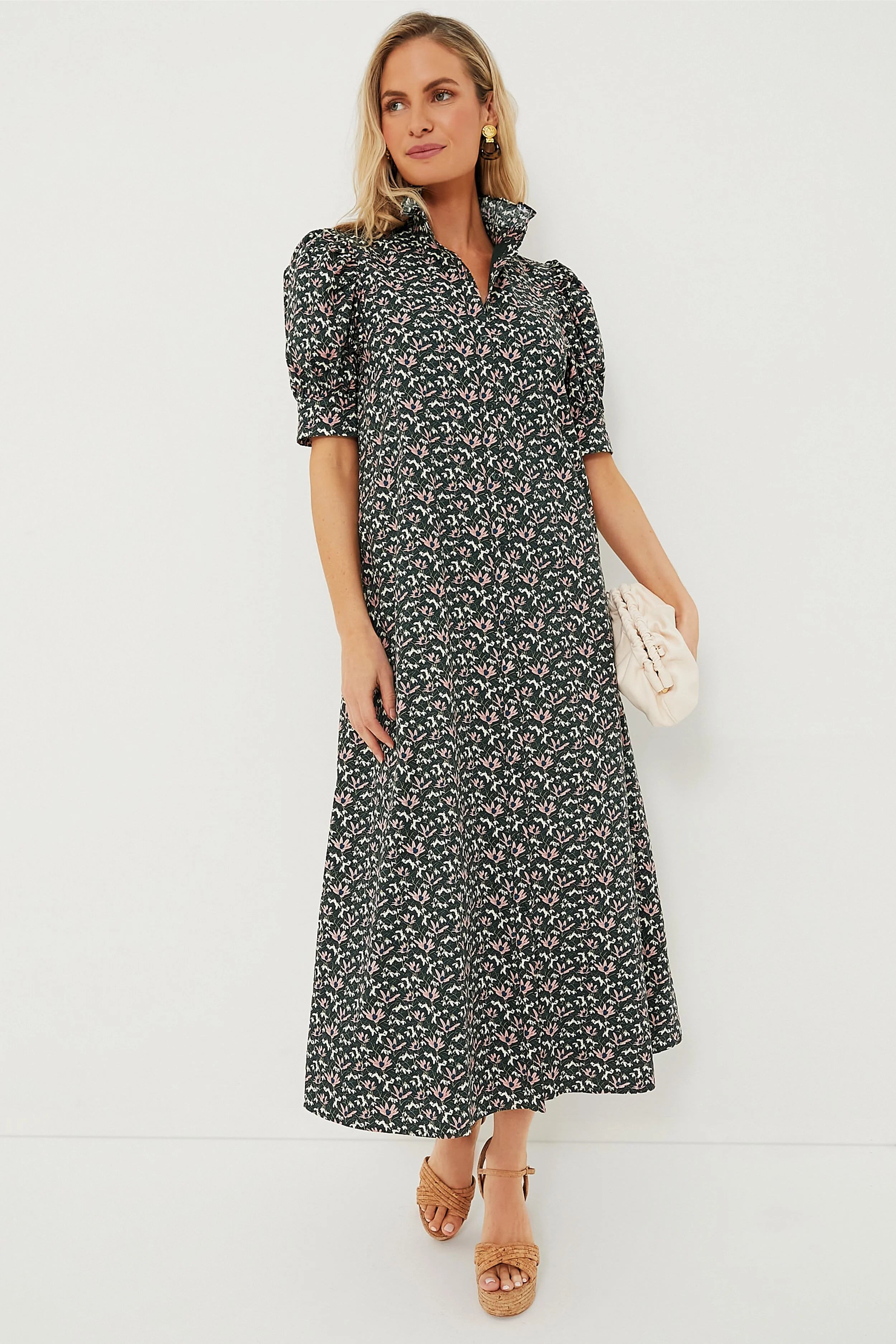 Green Floral Ruffle Collar Louisa Maxi Dress
