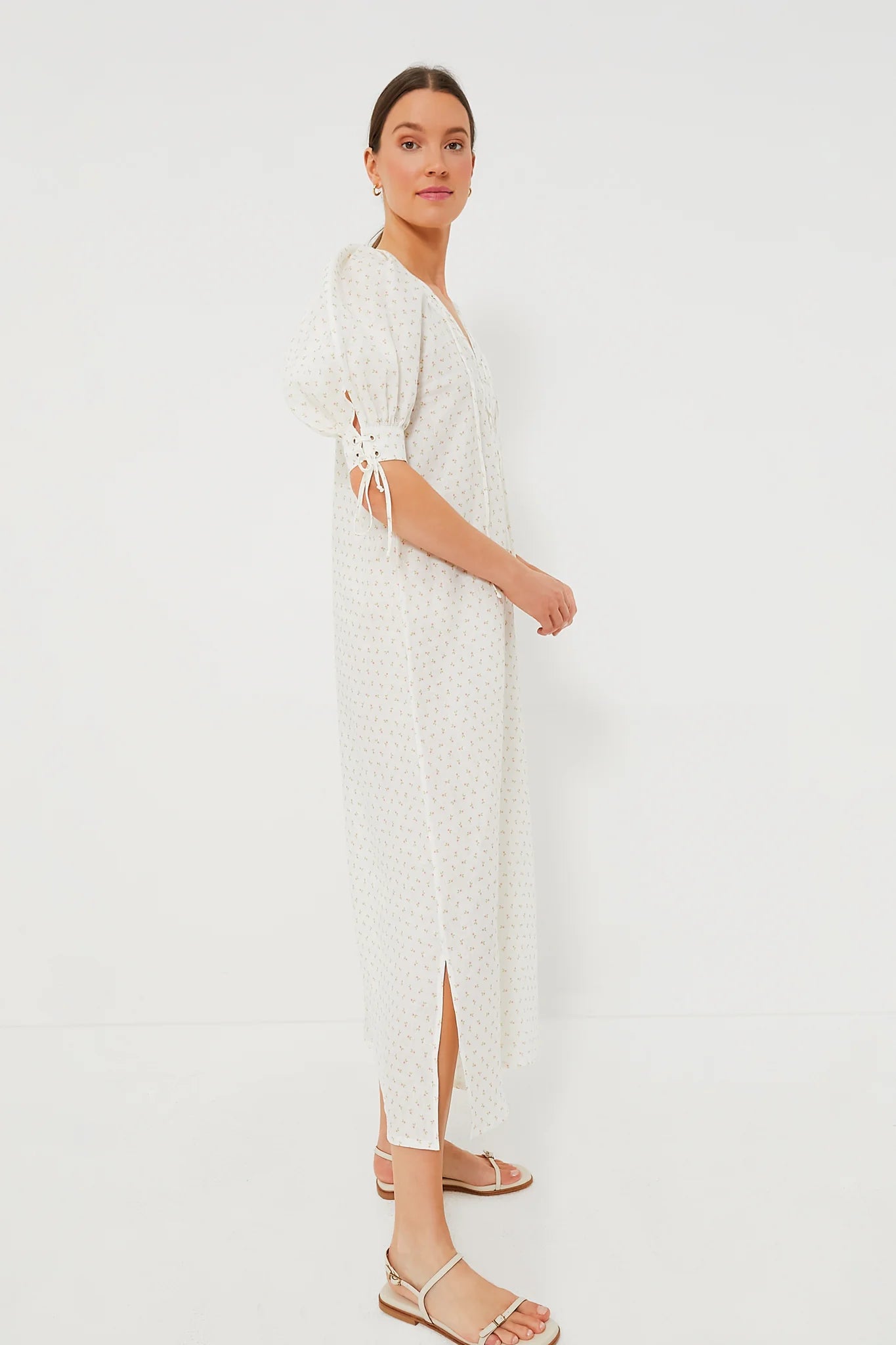 White and Pink Rose Garden Linen Dress