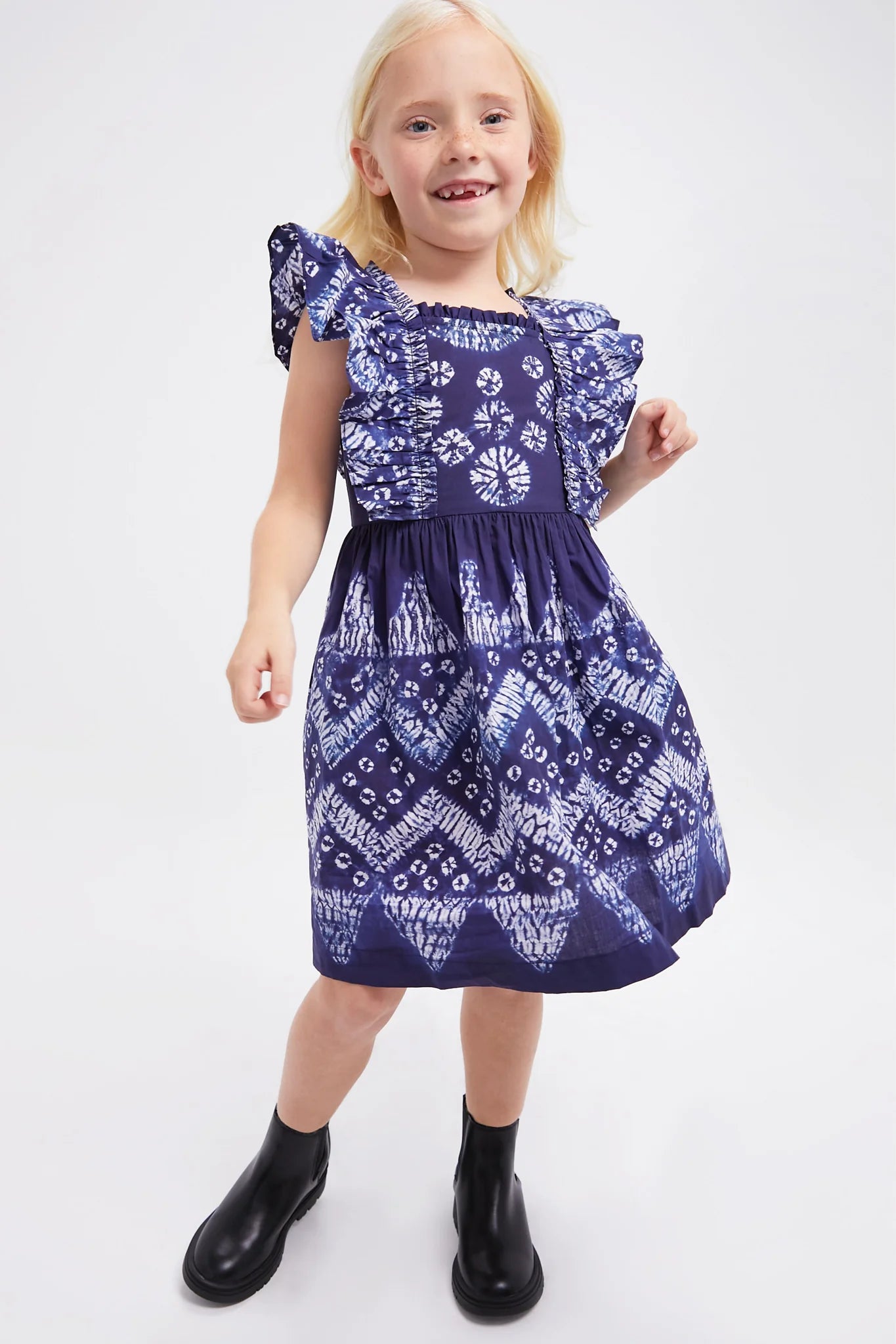 Navy Yana Tie Dye Flutter Sleeve Dress