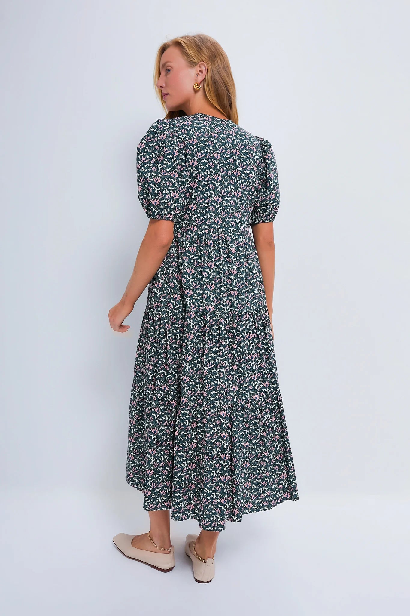 Green & Pink Floral Tiered Sadie Midi Dress