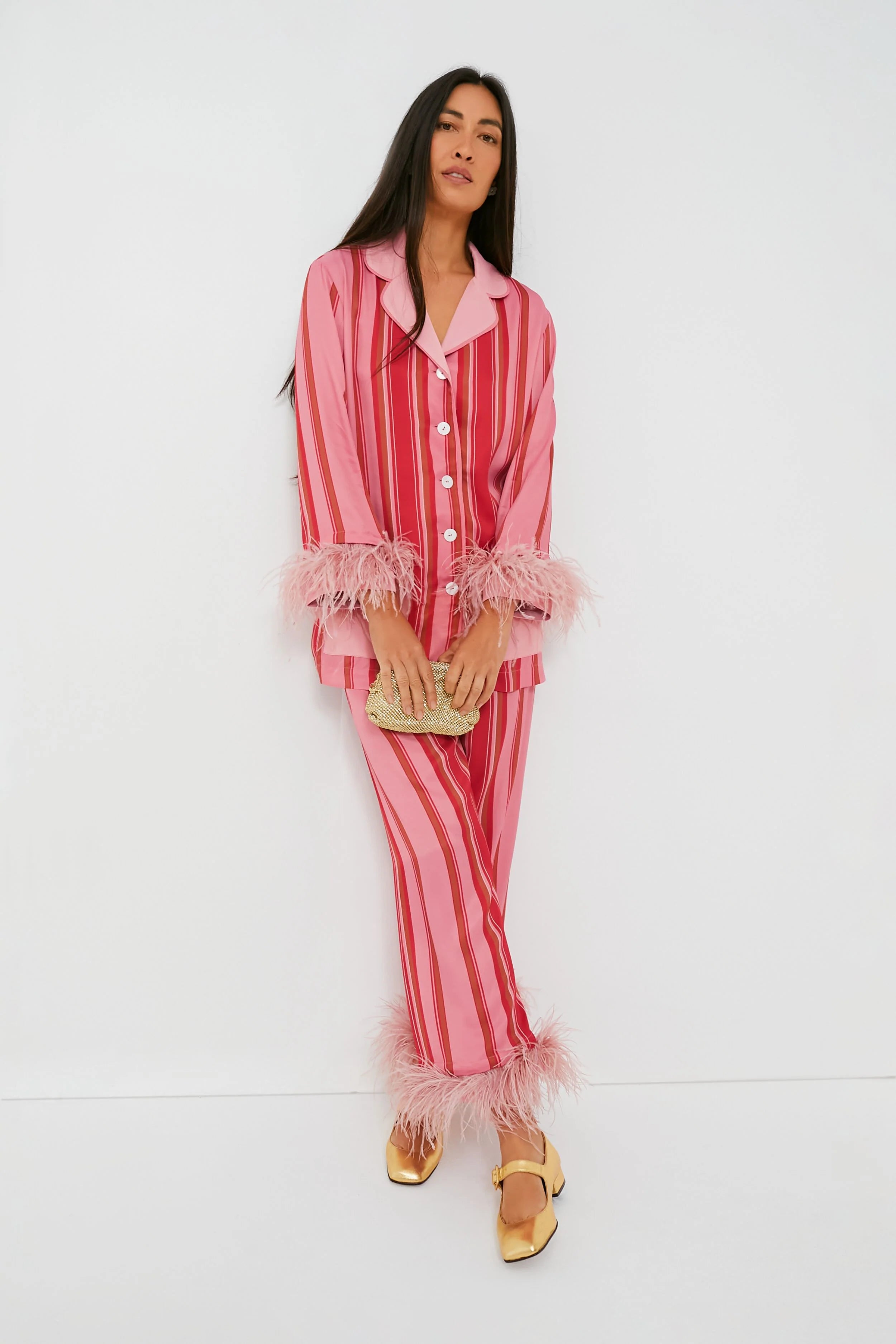 Pink Stripes Party Pajamas with Feathers