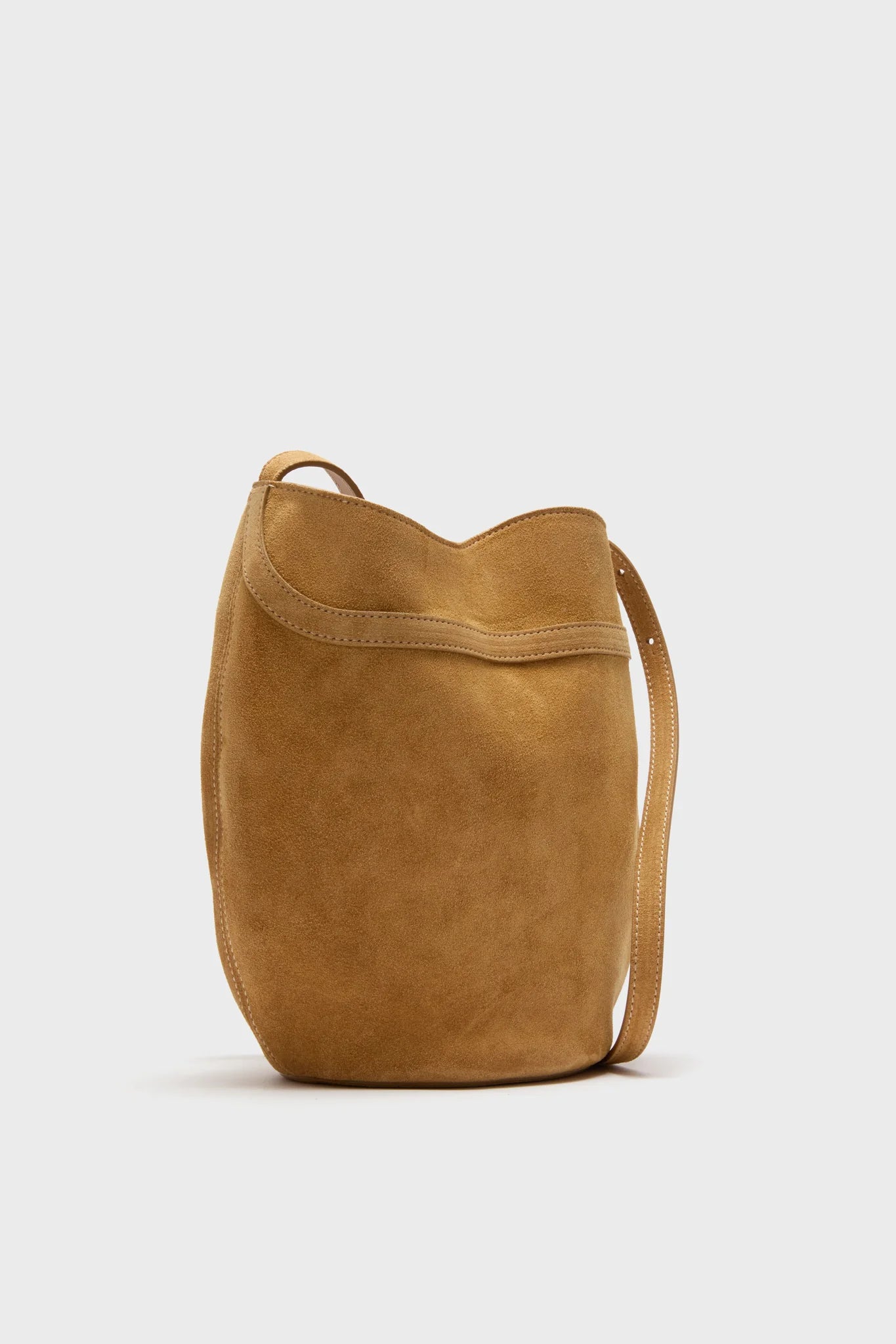 Beige Cow Suede Belted Bucket Bag
