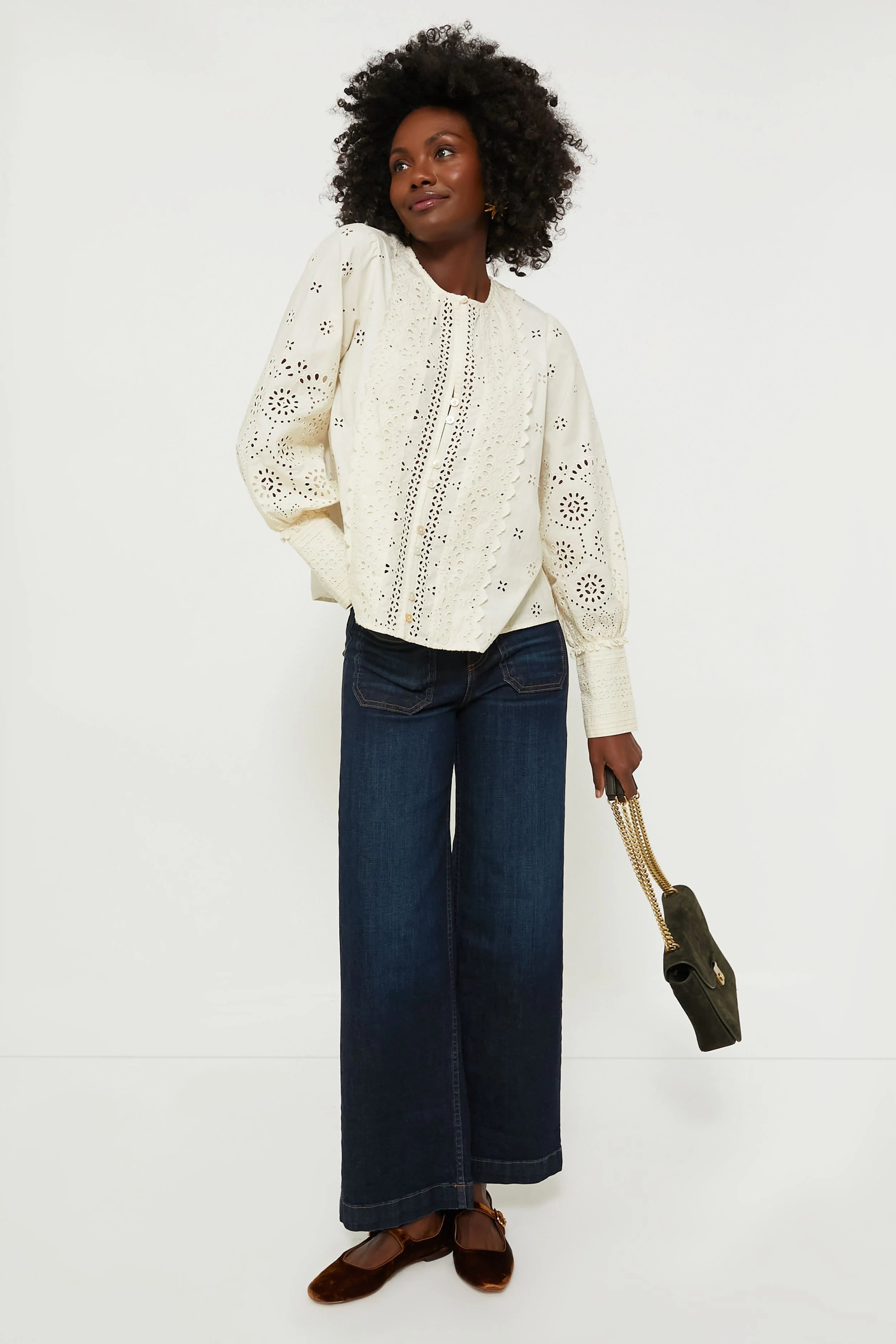 Cream Lainey Eyelet Longsleeve Top