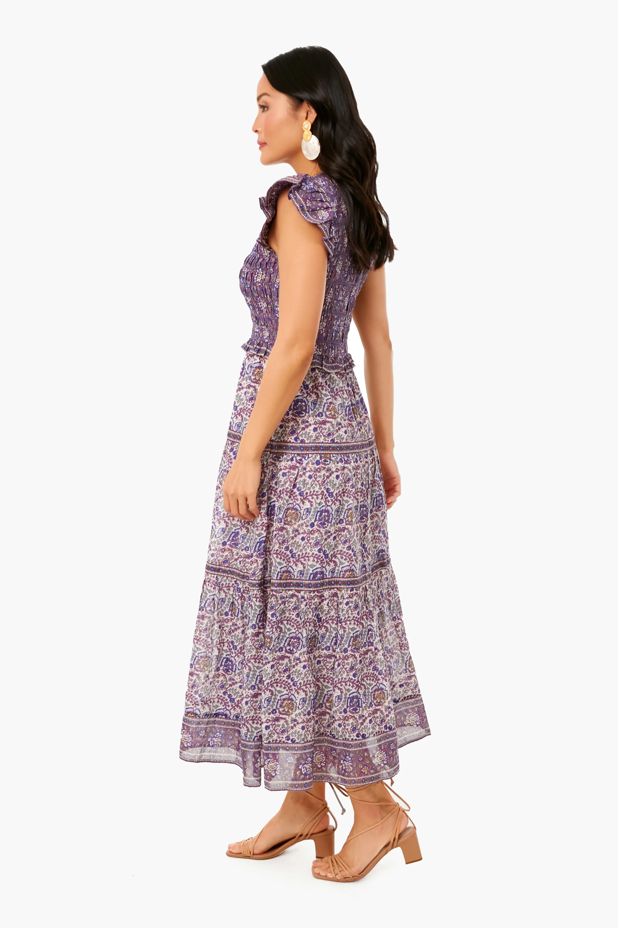Exclusive Purple Rosita Border Smocked Midi Dress