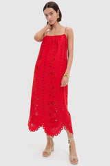Red Flowers Richilieu Sleeveless Maxi Dress