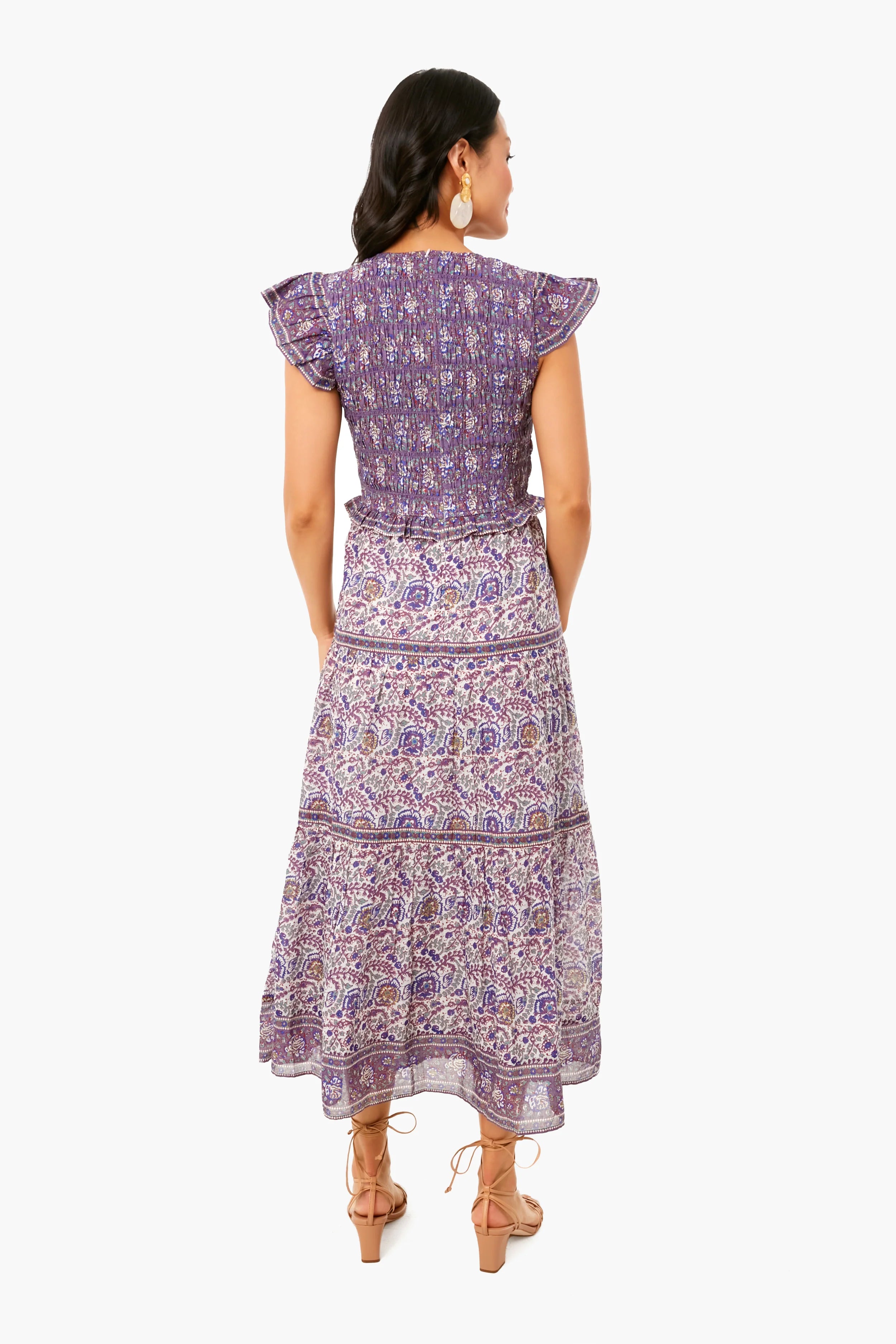 Exclusive Purple Rosita Border Smocked Midi Dress
