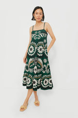 Green Charlough Print Sleeveless Embroidered Dress