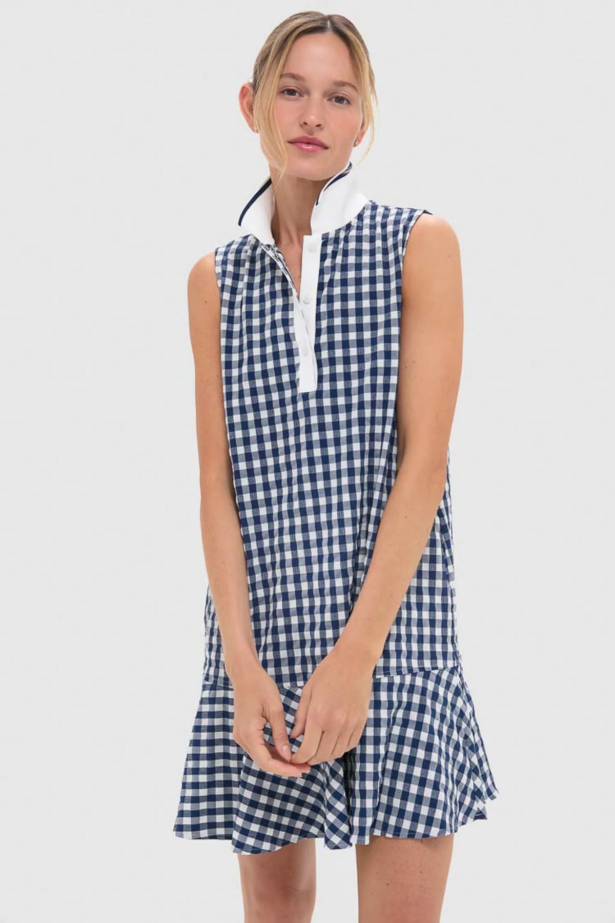 Navy Gingham Sleeveless Performance Seersucker May Golf Dress