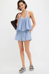 Blue Helmi Striped Shirting Pleat Short