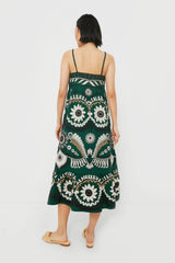 Green Charlough Print Sleeveless Embroidered Dress