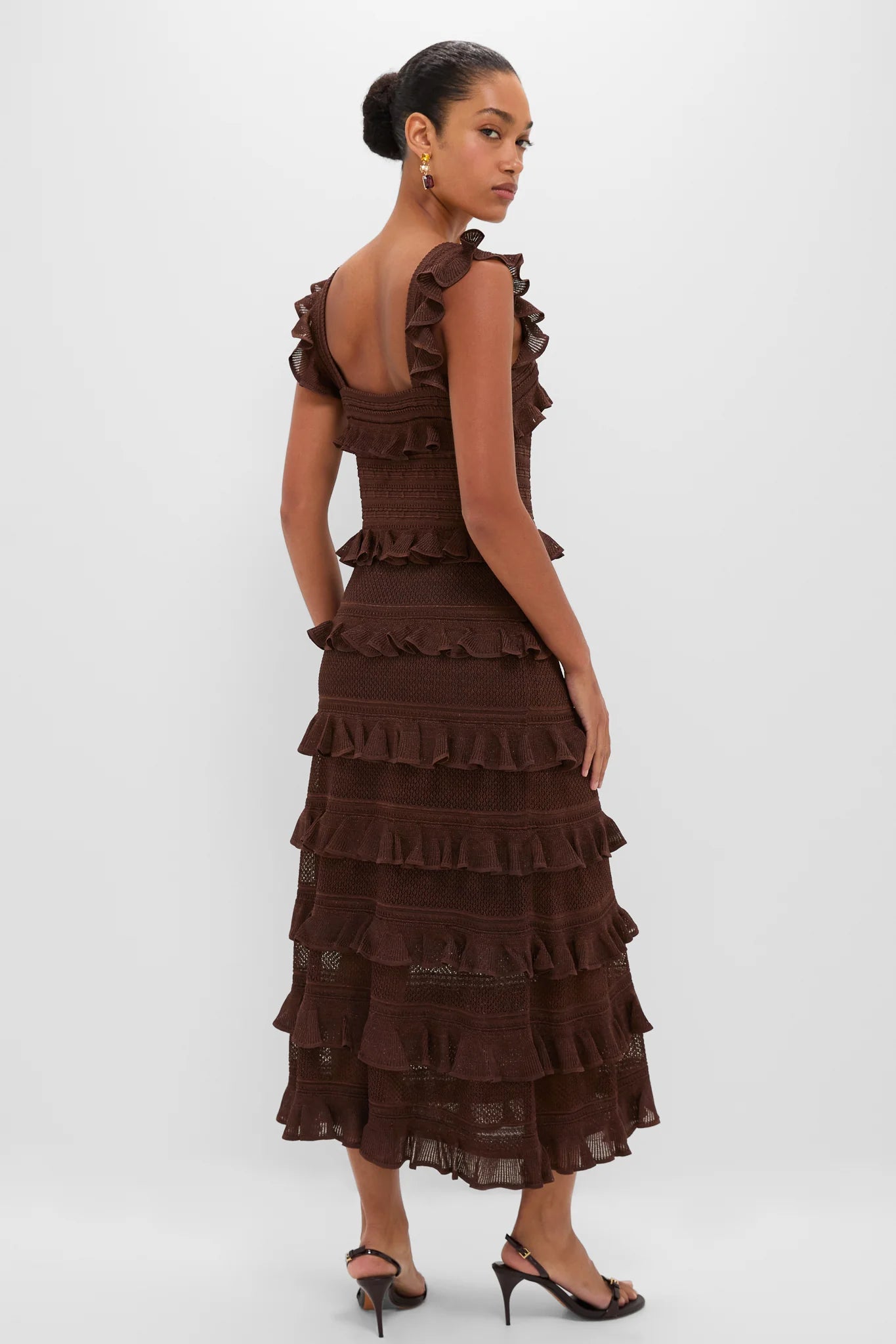 Metallic Chocolate Hypnotic Lace Frill Midi Dress