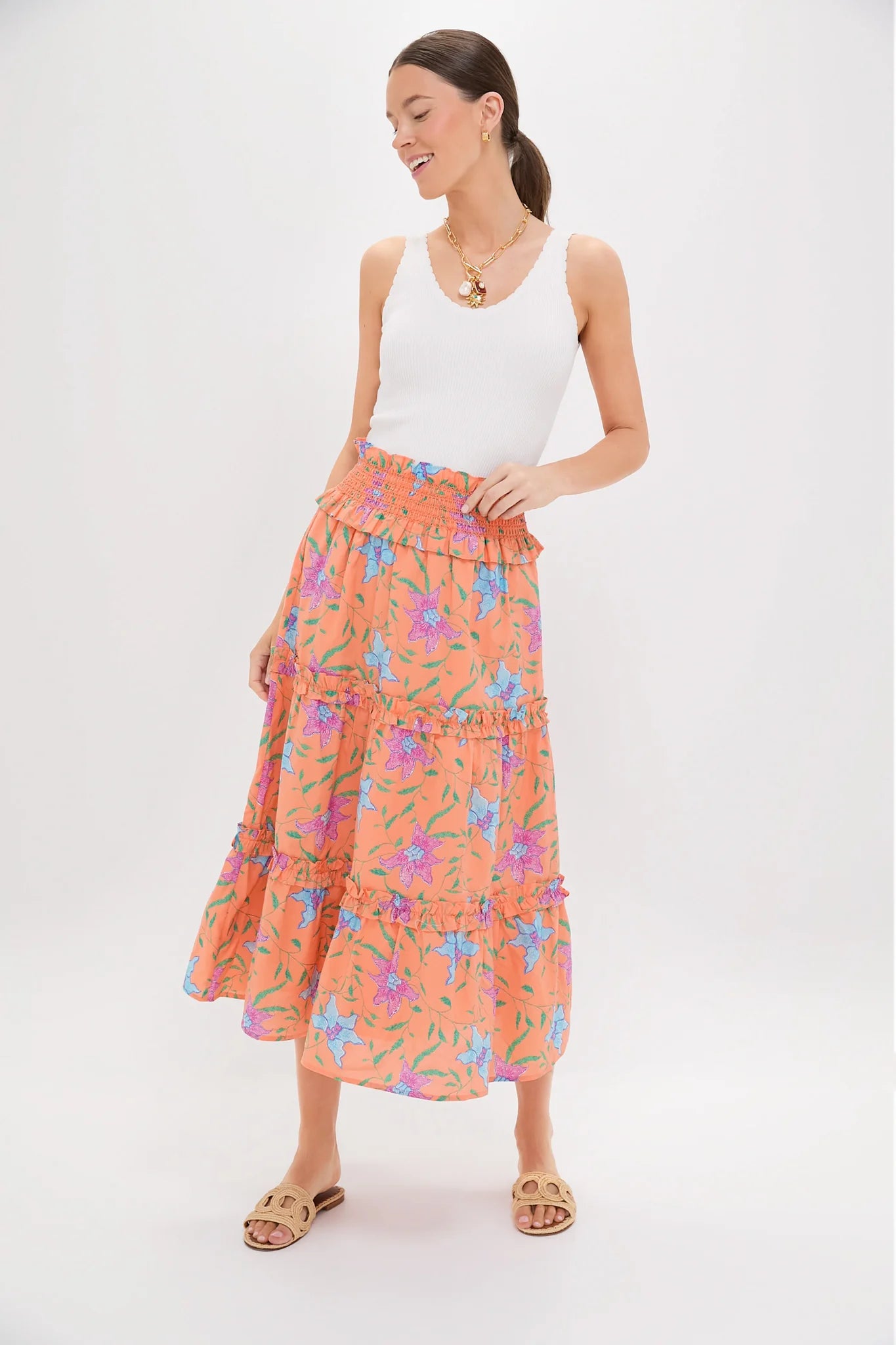 Orange Multi Floral Smocked Odette Maxi Skirt