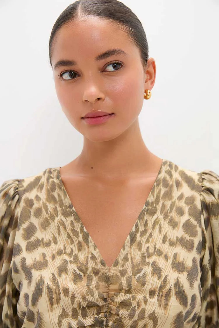 Cream Claude Print Puff Sleeve Midi Dress