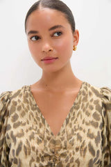 Cream Claude Print Puff Sleeve Midi Dress