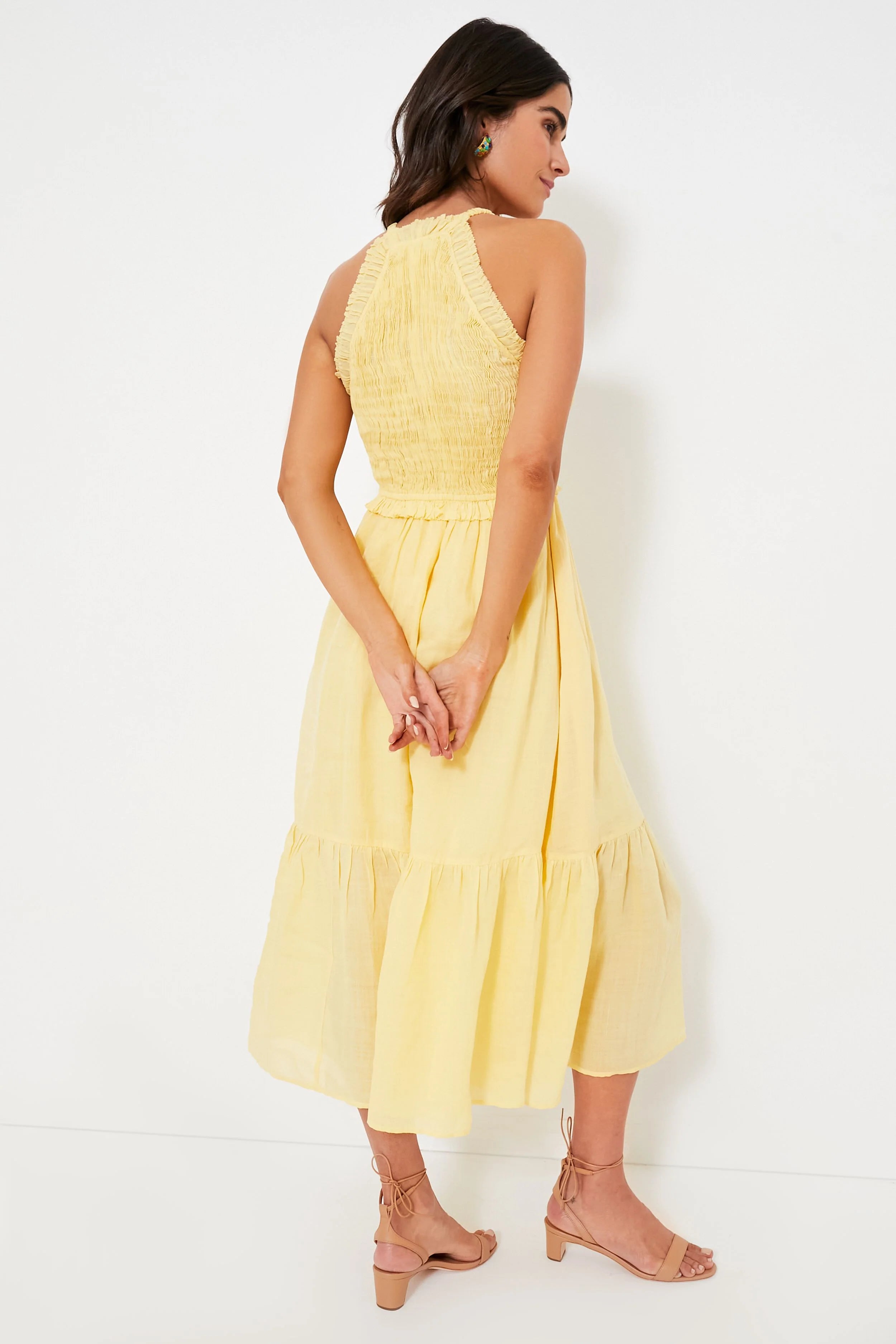 Yellow Cole Smocked Ramie Midi Dress