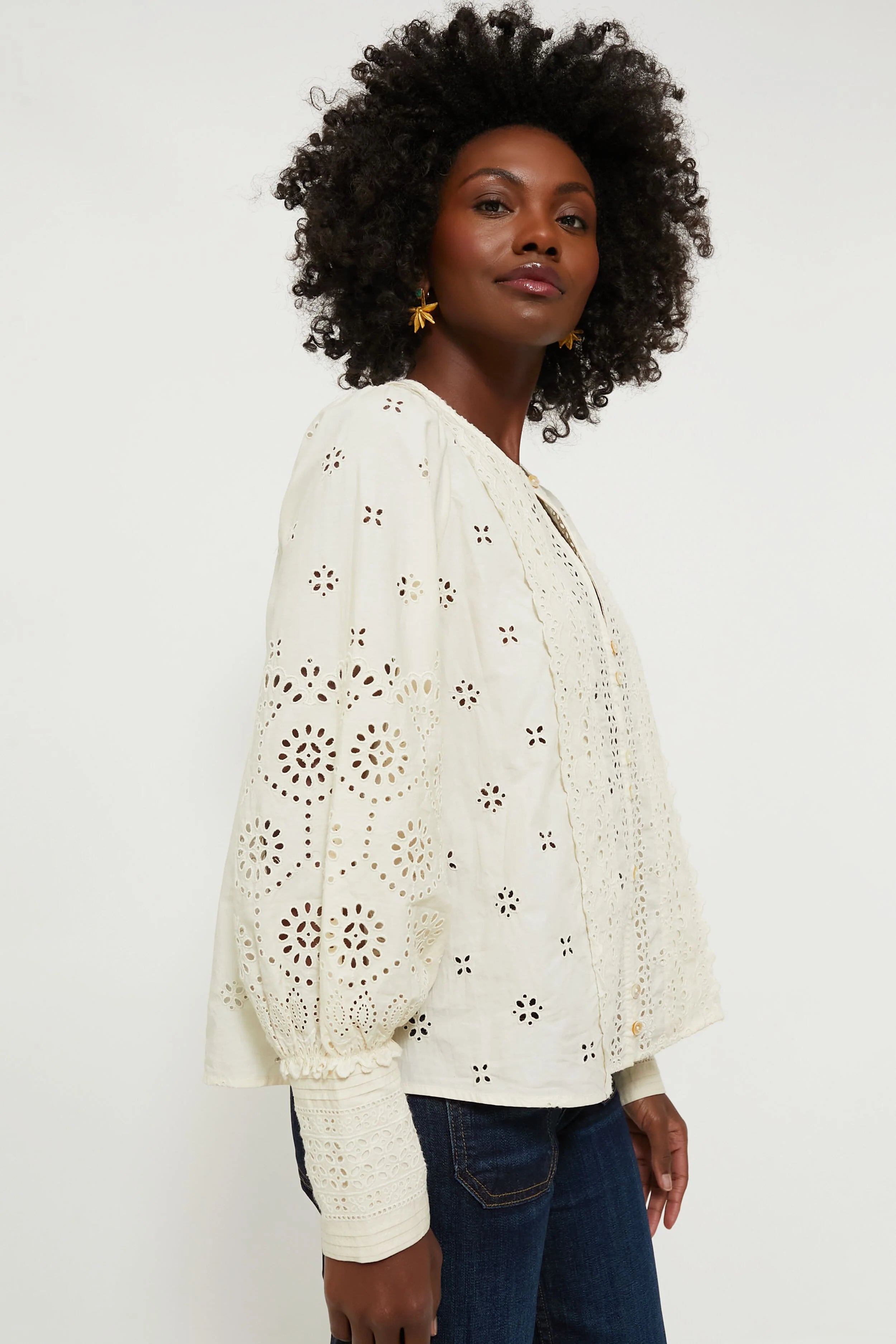 Cream Lainey Eyelet Longsleeve Top